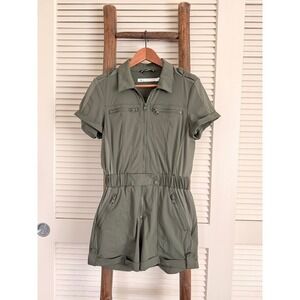 BLANC NOIR Olive Green Utility Romper Jumpsuit Shorts Zip Pockets Size S